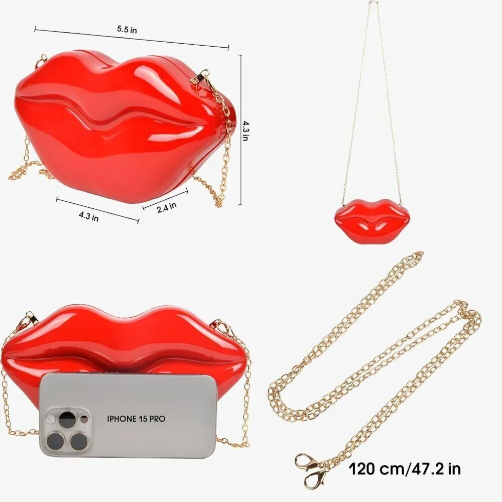 Lips Evening Clutch Purse Acrylic Chain Women Fashion Crossbody Bag